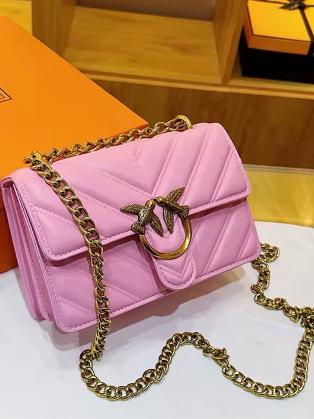 New Designer Inspired Quilted Leather Shoulder Bag in Pink
